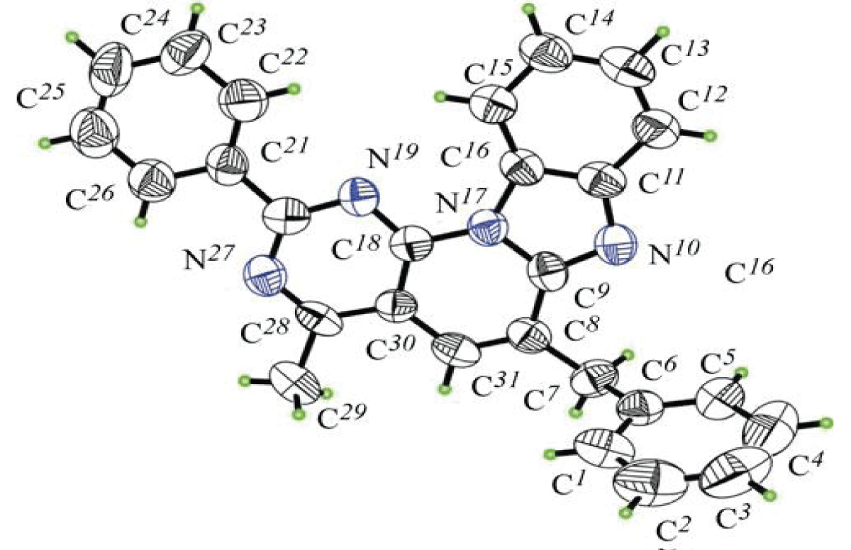 General view of the 6-benzyl-4-methyl-2-phenilbenzo[4’,5’]imidazo [2’,1’:6,1]pyrido[2,3-d]pyrimidyn (14a).