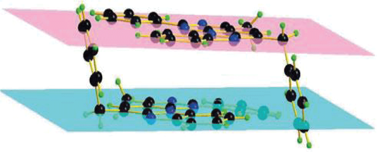 A pair of molecules 6-benzyl-4-methyl-2-phenylbenzo[4’,5’]imidazo[2’,1’:6,1]pyrido[2,3-d]pyrimidine (14a), linked interconnected by hydrophobic bonds.