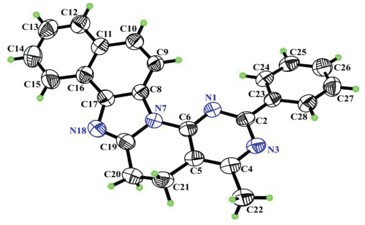 Molecule of compound 18 with arbitrary numbering of atoms. Ellipsoids of anisotropic thermal vibrations are depicted with 50% probability.