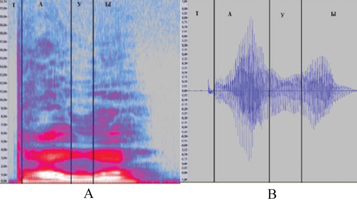 Phonetic segmentation of the word “тауы – tawy- [tɑuɯ] “, where A is a spectrogram, B is a wave.