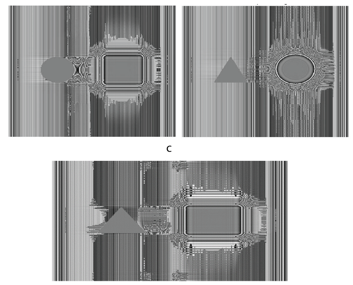 Reconstructed phase-only images of 3-D objects (a) circle-square (b) triangle-circle (c) triangle-square.