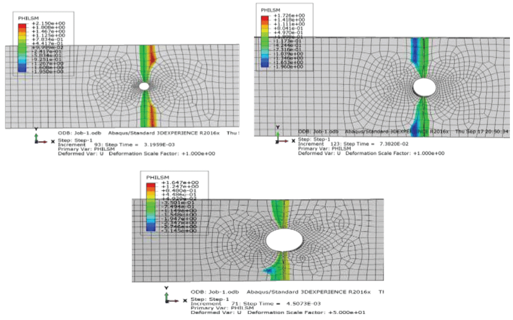 a-D = 2.5mm, D = 5mm, D = 7 mm, Crack growth path with different hole diameters.