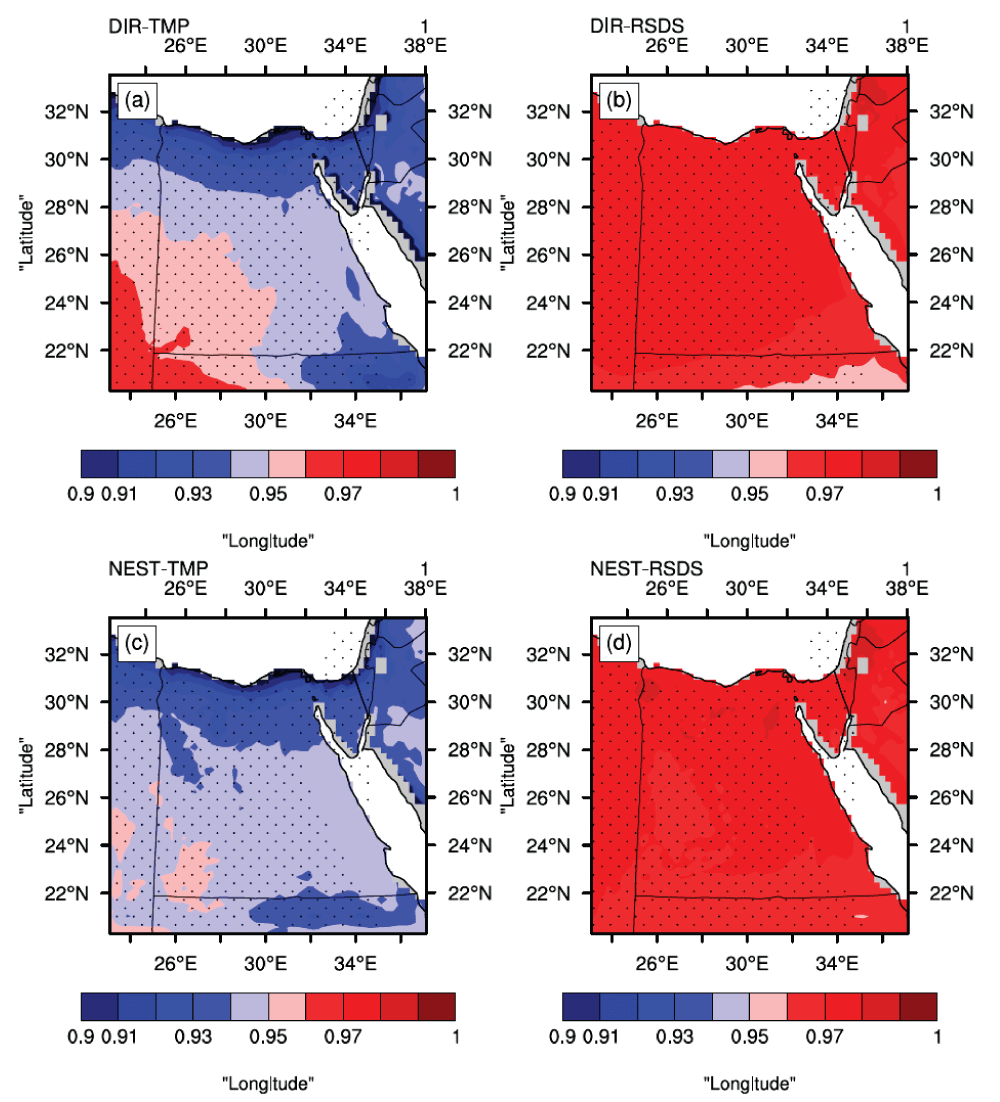 Pearson correlation coefficient for each grid point for DIR (a for TMP), (b for RSDS); NEST (c for TMP), and (d for RSDS). Note that the range of 0.9 and 1 has been chosen after many trials to choose the appropriate range.