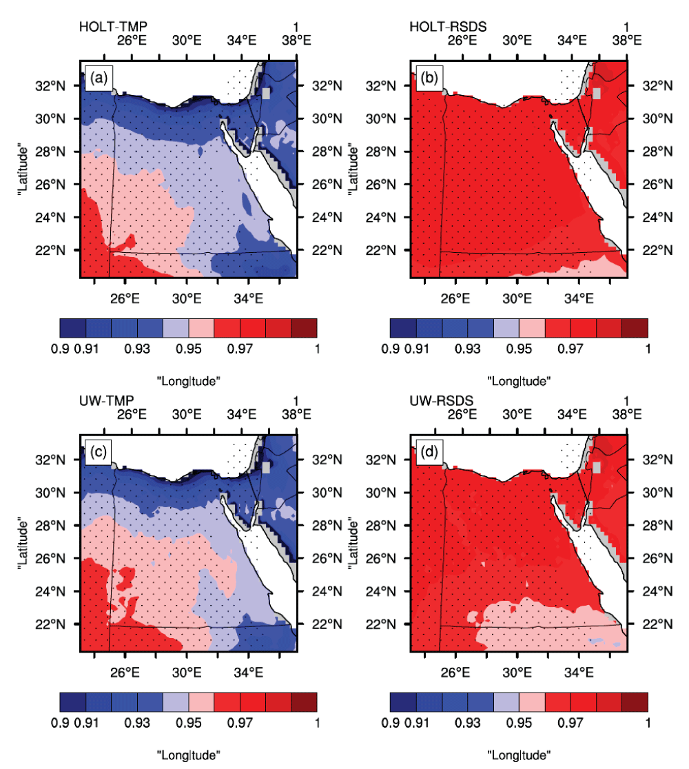 Pearson correlation coefficient for each grid point for HOLT (a for TMP), (b for RSDS); UW (c for TMP), and (d for RSDS). Note that the range of 0.9 and 1 has been chosen after many trials to choose the appropriate range.