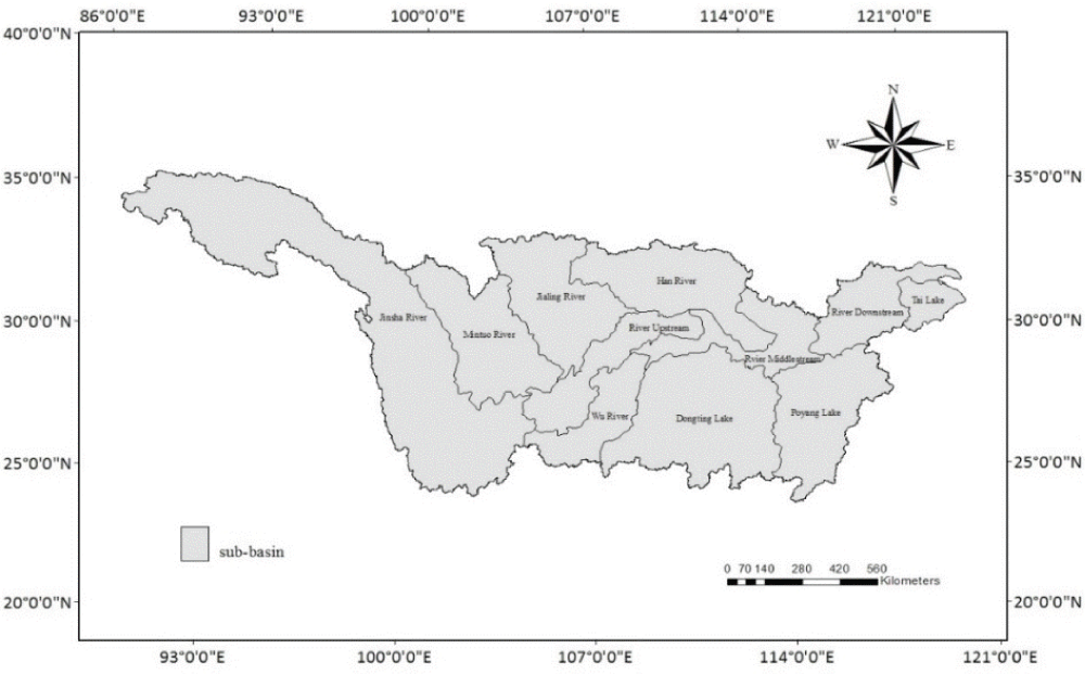 Distribution of sub-basins in the Yangtze River Basin. (Source: http://www.geodata.cn/)