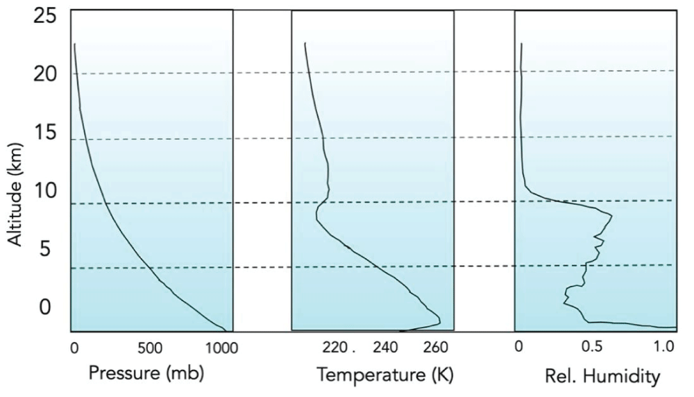 Pressure, temperature, and relative humidity vs. altitude [8].