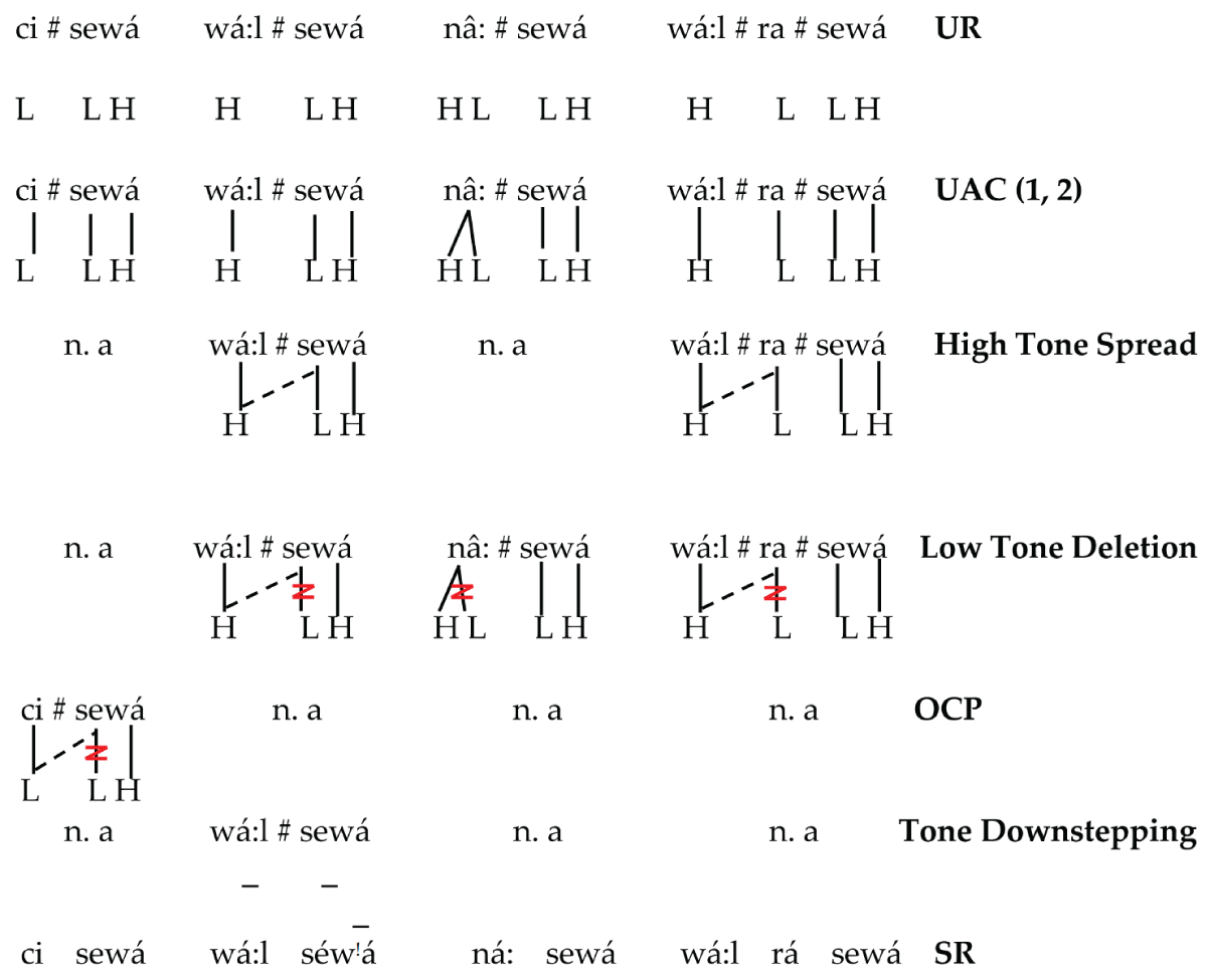 The derivations applying the High Tone Spread and Low Tone Deletion Rules for the four tonal types.