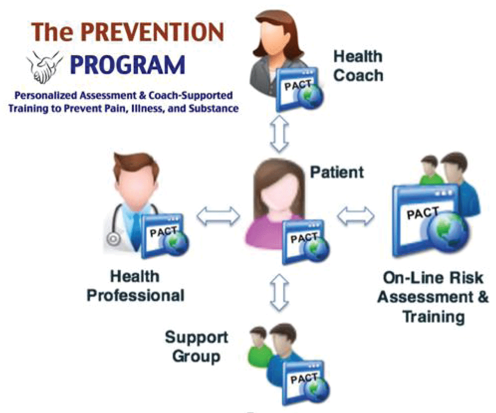 Components of the pain prevention program to provide on-line personalized assessments and coach-supported training (PACT) to engage in prevention as part of daily activities.