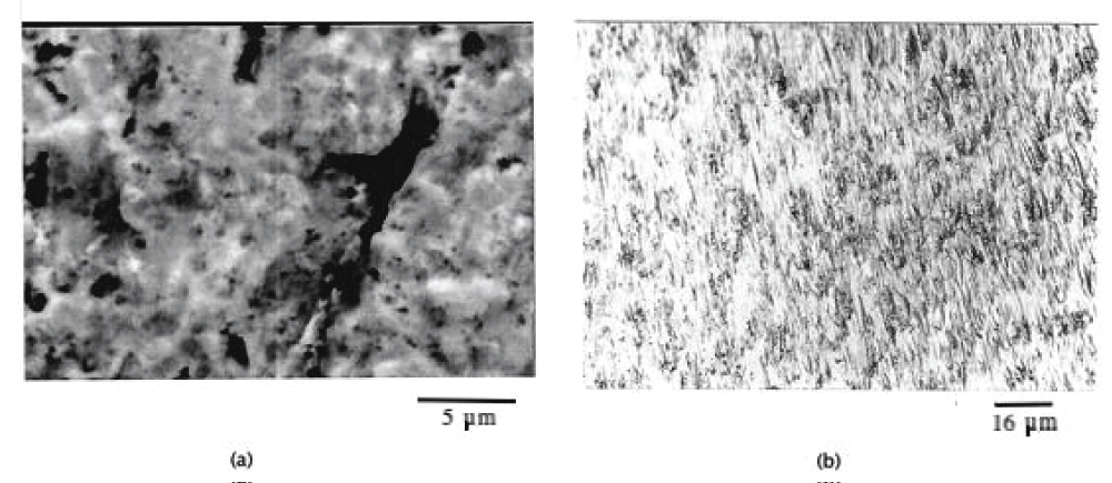 Ti/Al/V after 16 hours solid/liquid impingement: (a) centre of specimen, under the impinging jet, (b) outer regions of the specimen.